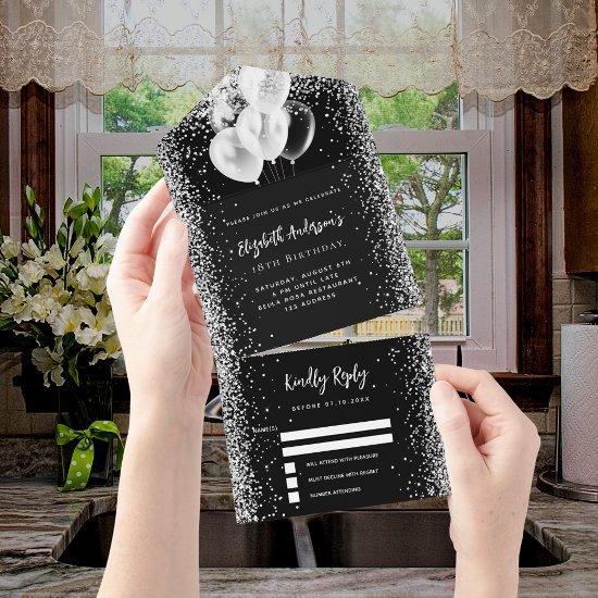 Black white balloons glitter birthday rsvp all in one