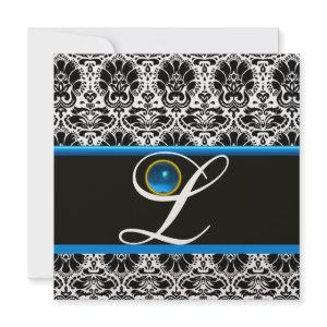 BLACK WHITE BLUE DAMASK MONOGRAM Sapphire Metallic