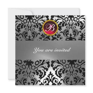 BLACK & WHITE DAMASK GEM STONE MONOGRAM red ruby