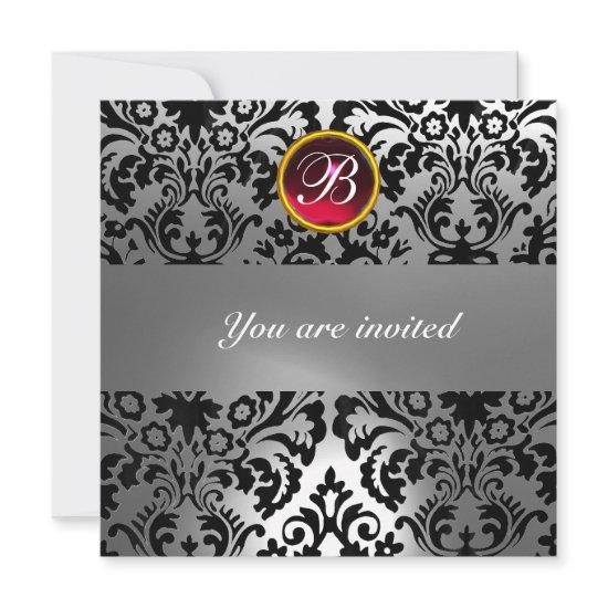 BLACK & WHITE DAMASK GEM STONE MONOGRAM red ruby