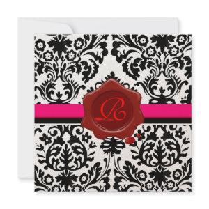 BLACK & WHITE DAMASK, RED WAX SEAL MONOGRAM Gold