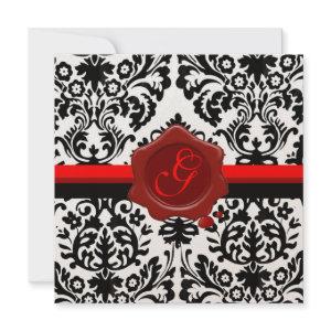 BLACK & WHITE DAMASK, RED WAX SEAL MONOGRAM GOLD