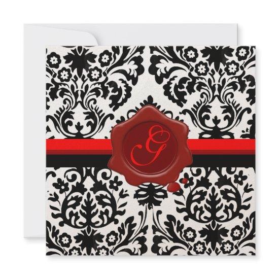 BLACK & WHITE DAMASK, RED WAX SEAL MONOGRAM GOLD