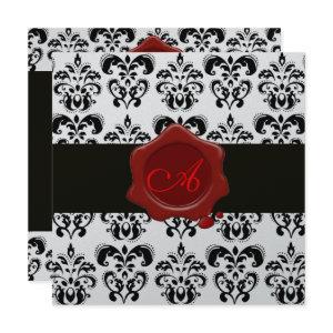 BLACK & WHITE DAMASK, RED WAX SEAL MONOGRAM Silver