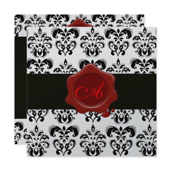 BLACK & WHITE DAMASK, RED WAX SEAL MONOGRAM Silver