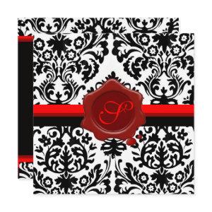 BLACK & WHITE DAMASK, RED WAX SEAL MONOGRAM SILVER