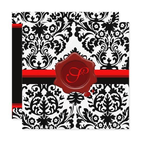 BLACK & WHITE DAMASK, RED WAX SEAL MONOGRAM SILVER