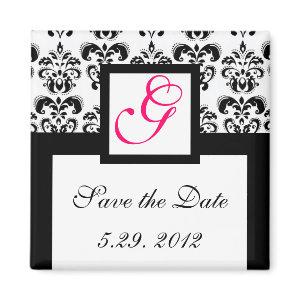 BLACK WHITE DAMASK SQUARE MONOGRAM Save the Date Magnet