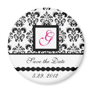 BLACK WHITE DAMASK SQUARE MONOGRAM Save the Date Magnet
