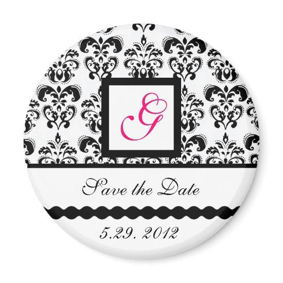 BLACK WHITE DAMASK SQUARE MONOGRAM Save the Date Magnet