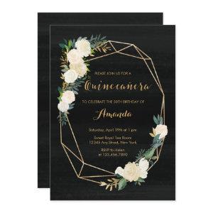 Black White Gold Floral Watercolor Quinceanera
