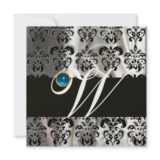 BLACK WHITE ICE SILK DAMASK MONOGRAM BLUE SAPPHIRE