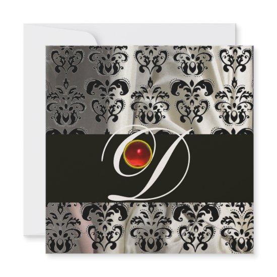 BLACK WHITE SILK DAMASK CLOTH MONOGRAM  RED RUBY