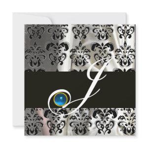 BLACK WHITE SILK DAMASK MONOGRAM BLUE SAPPHIRE