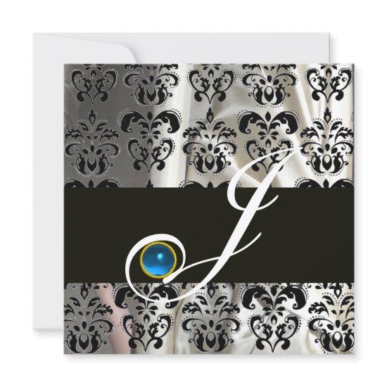 BLACK WHITE SILK DAMASK MONOGRAM BLUE SAPPHIRE