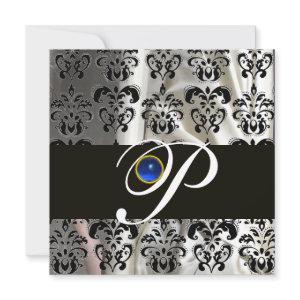 BLACK WHITE SILK DAMASK MONOGRAM BLUE SAPPHIRE
