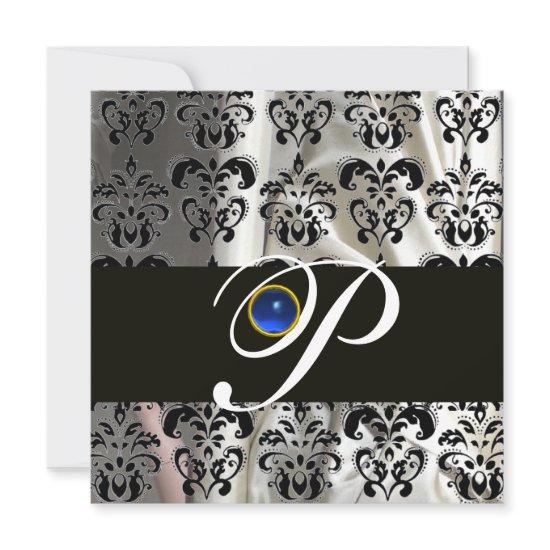BLACK WHITE SILK DAMASK MONOGRAM BLUE SAPPHIRE