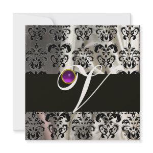 BLACK WHITE SILK DAMASK MONOGRAM PURPLE AMETHYST