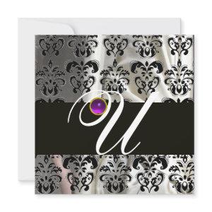 BLACK WHITE SILK DAMASK MONOGRAM PURPLE AMETHYST