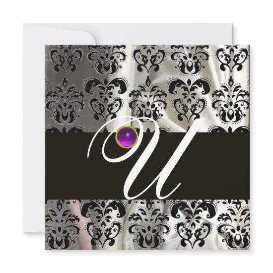 BLACK WHITE SILK DAMASK MONOGRAM PURPLE AMETHYST
