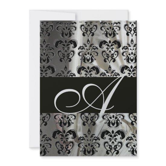 BLACK WHITE SILK DAMASK MONOGRAM SILVER