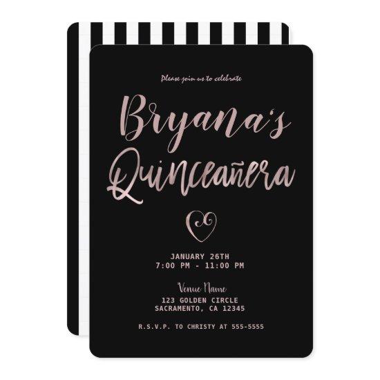 Black & White Stripes Rose Gold 15 Quinceañera