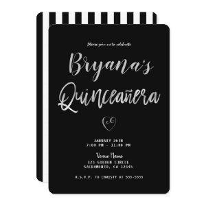 Black & White Stripes Silver Heart 15 Quinceañera
