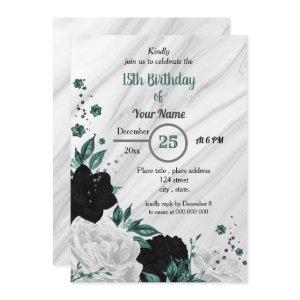 Black white & teal blue floral birthday party