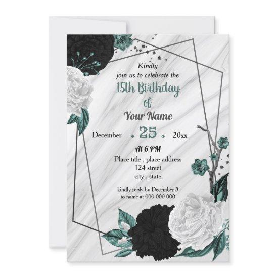 Black white teal blue geometric birthday party