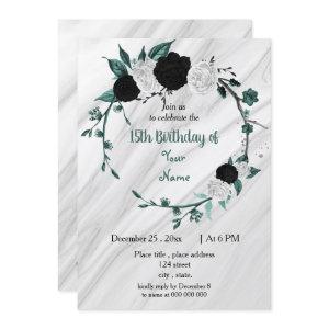 Black white teal blue wreath birthday party