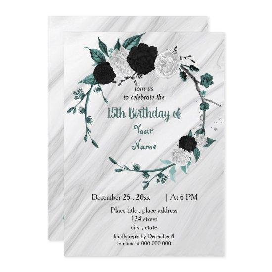 Black white teal blue wreath birthday party