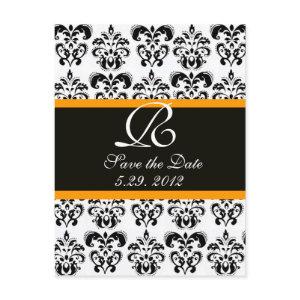 BLACK  YELLOW AND WHITE DAMASK MONOGRAM ANNOUNCEMENT POSTCARD