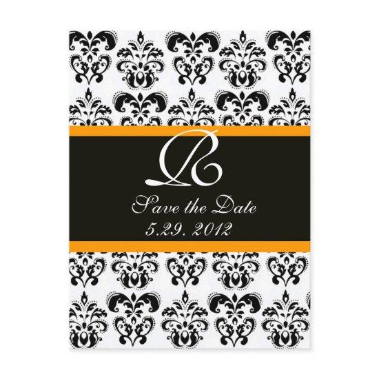 BLACK  YELLOW AND WHITE DAMASK MONOGRAM ANNOUNCEMENT POSTCARD