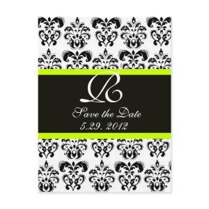BLACK  YELLOW GREEN AND WHITE DAMASK MONOGRAM ANNOUNCEMENT POSTCARD