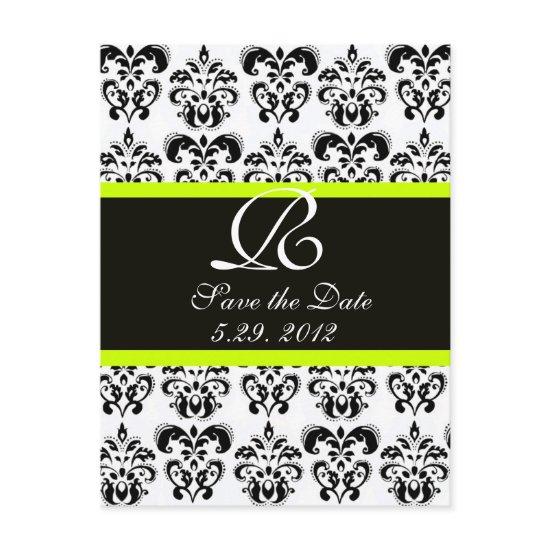 BLACK  YELLOW GREEN AND WHITE DAMASK MONOGRAM ANNOUNCEMENT POSTCARD