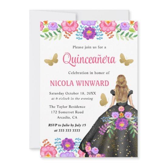 Blonde Princess Mexican Floral Dress Quinceanera