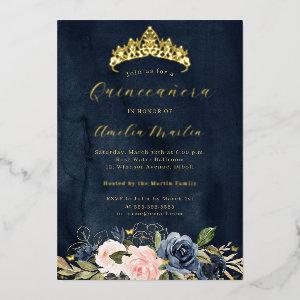 Blooming Pink Navy Floral Butterfly Quinceanera Foil