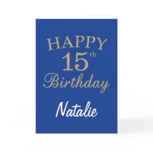 Blue and Gold Glitter 15th Birthday Card