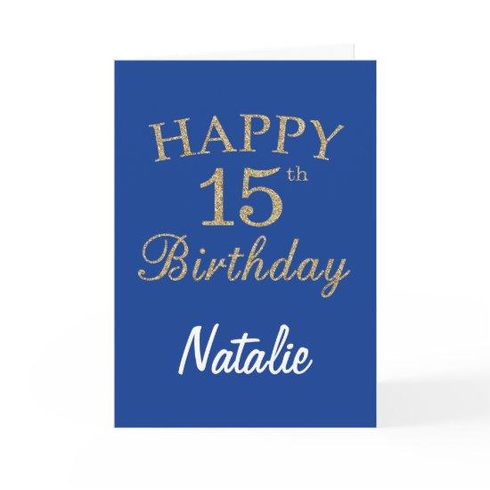 Blue and Gold Glitter 15th Birthday Card