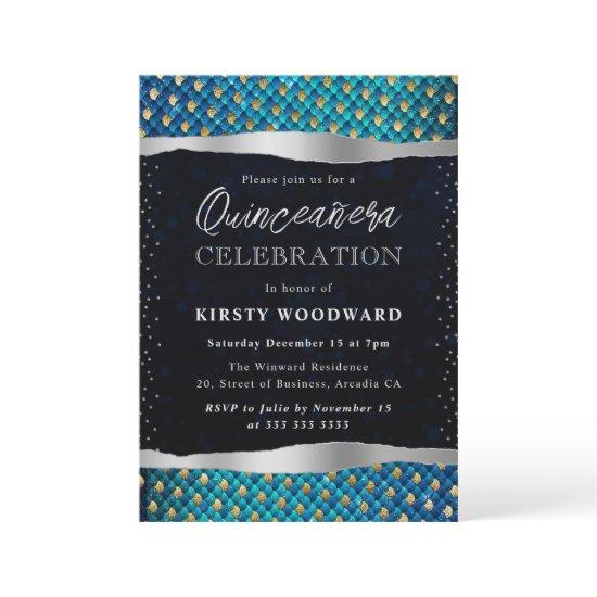 Blue and Gold Mermaid Scales Quinceanera