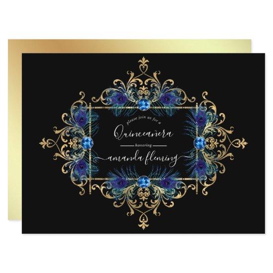 Blue and Gold Vintage Peacock Floral Quinceañera