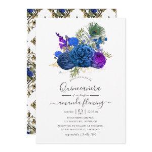 Blue and Gold Vintage Peacock Floral Quinceañera