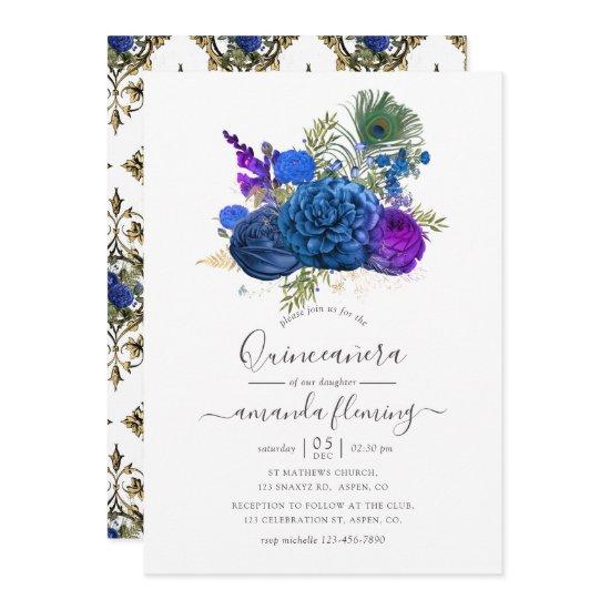 Blue and Gold Vintage Peacock Floral Quinceañera