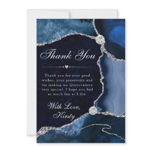 Blue and Silver Faux Glitter Agate Quinceanera Thank You Card