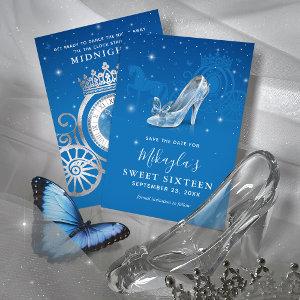 Blue and Silver Shoe Cinderella Sweet 16 Birthday  Save The Date