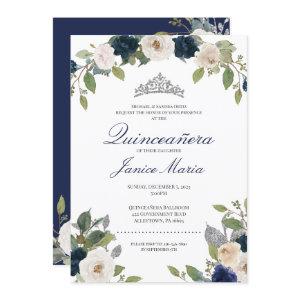 Blue and Silver Tiara Floral Elegant Quinceañera