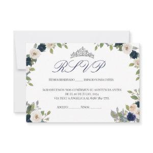 Blue and Silver Tiara Floral Quinceañera RSVP Thank You Card