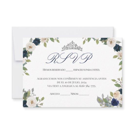 Blue and Silver Tiara Floral Quinceañera RSVP Thank You Card