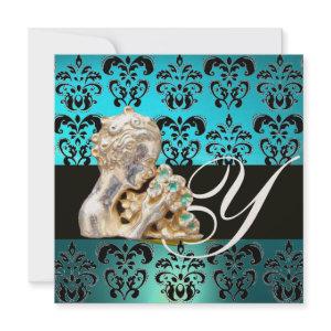 BLUE AQUAMARINE BLACK, WHITE DAMASK JEWEL MONOGRAM