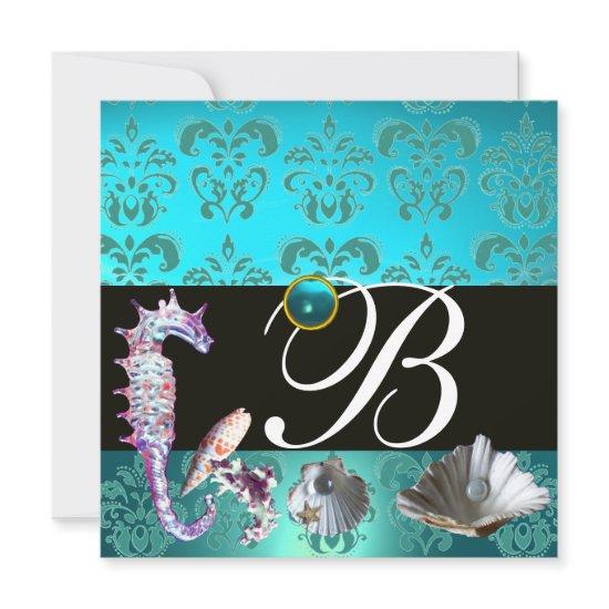 BLUE AQUAMARINE DAMASK BEACH WEDDING MONOGRAM